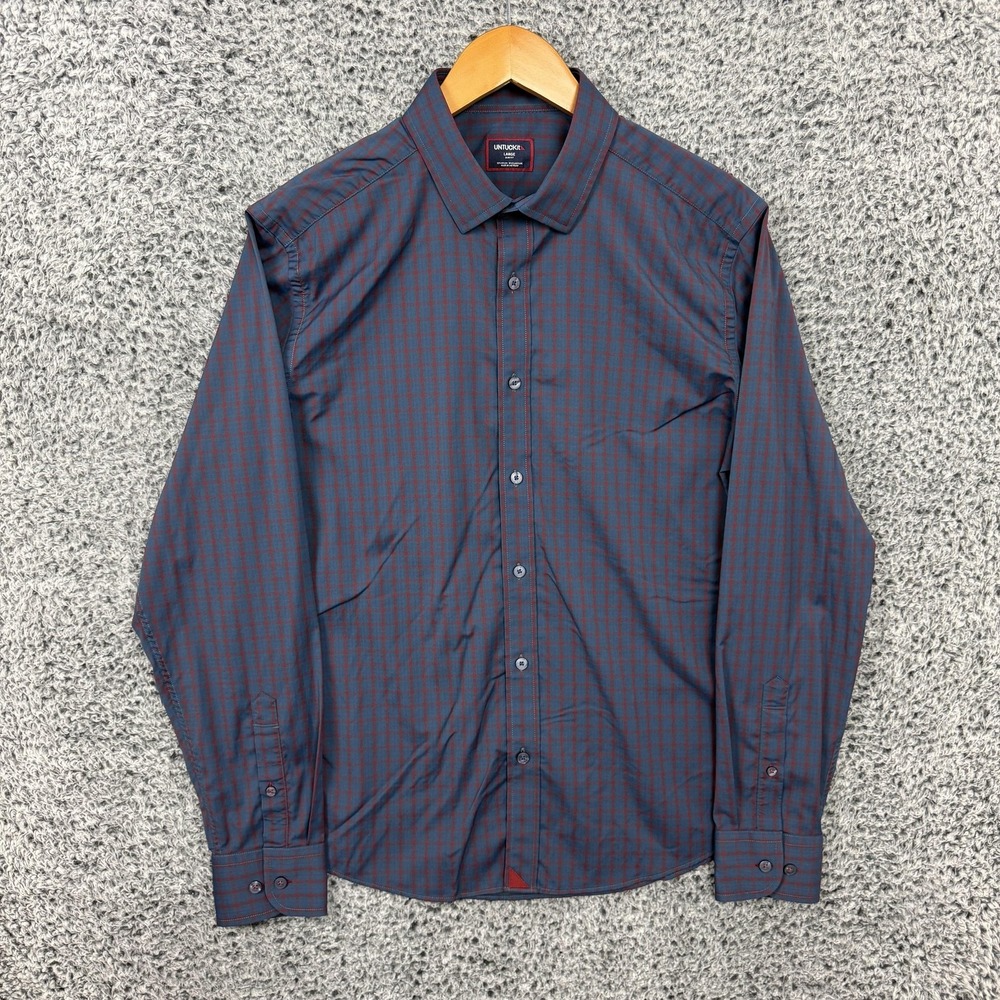 UNTUCKit Shirt Mens Large Blue Check Miller Perf Slim Fit Stretch Button Up